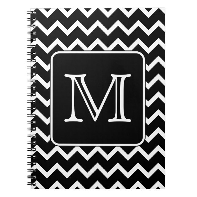 Black and White Chevron with Custom Monogram. Notebook (Front)