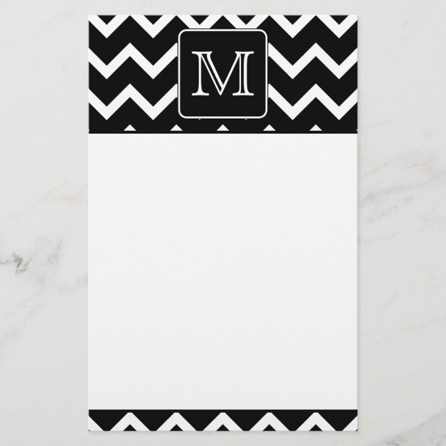 Black and White Chevron with Custom Monogram. Stationery (Front)