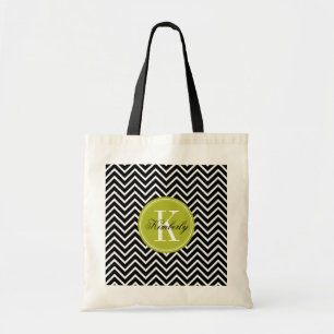 Black and White Chevron with Lime Green Monogram Tote Bag