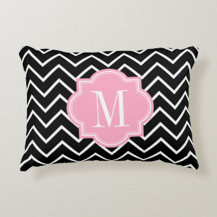 Black and White Chevron with Pink Monogram Accent Pillow