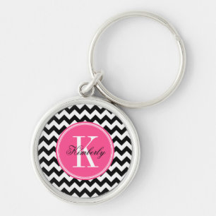 Black and White Chevron with Pink Monogram Keychain