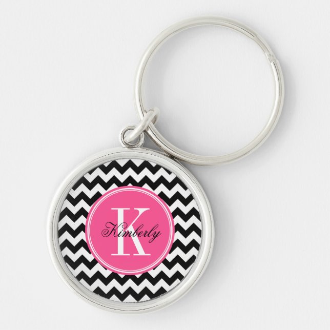 Black and White Chevron with Pink Monogram Keychain (Front)