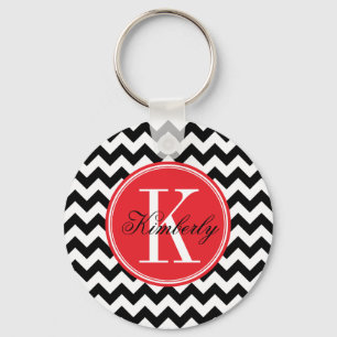 Black and White Chevron with Red Monogram Keychain