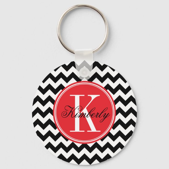 Black and White Chevron with Red Monogram Keychain (Front)