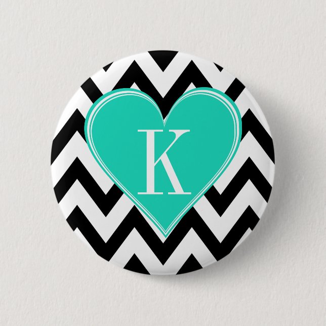 Black and White Chevron with Teal Heart Monogram 2 Inch Round Button (Front)