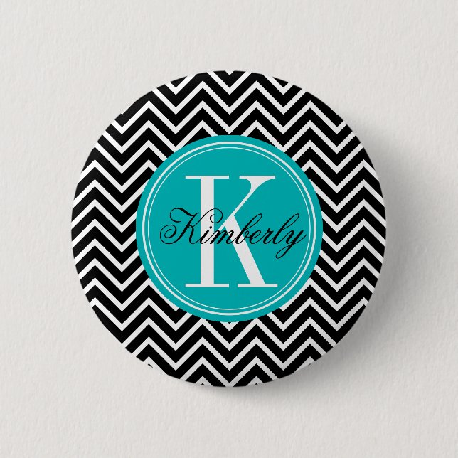 Black and White Chevron with Teal Monogram 2 Inch Round Button (Front)