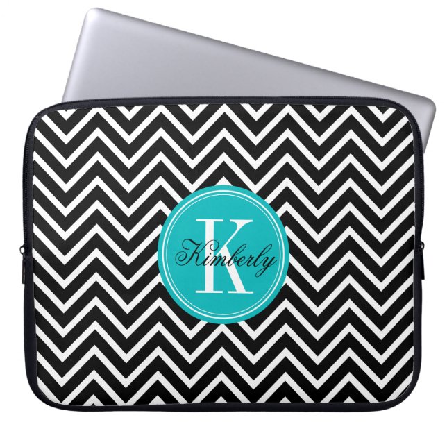 Black and White Chevron with Teal Monogram Laptop Sleeve (Front)