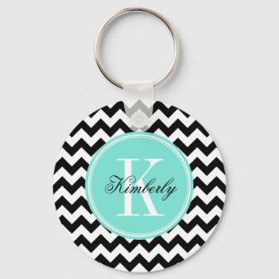 Black and White Chevron with Turquoise Monogram Keychain