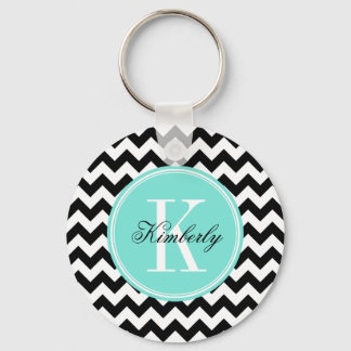 Black and White Chevron with Turquoise Monogram Keychain