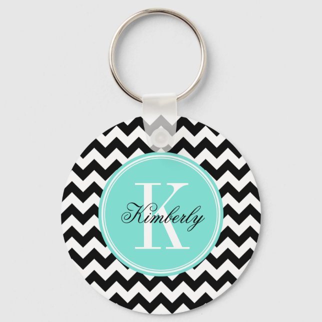 Black and White Chevron with Turquoise Monogram Keychain (Front)