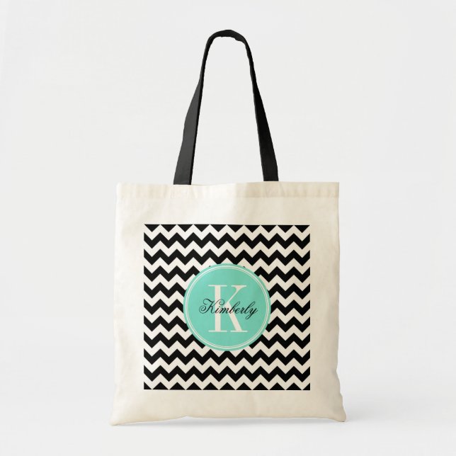 Black and White Chevron with Turquoise Monogram Tote Bag (Front)