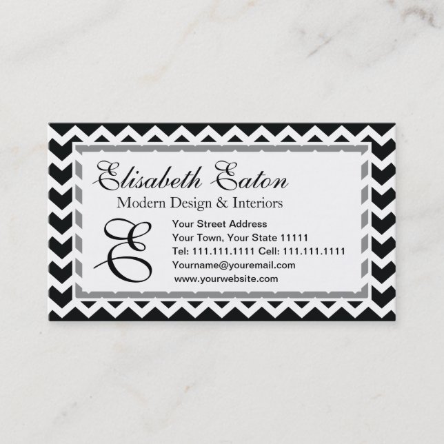 Black and White Chevron Zig Zag Retro Elegance Business Card (Front)