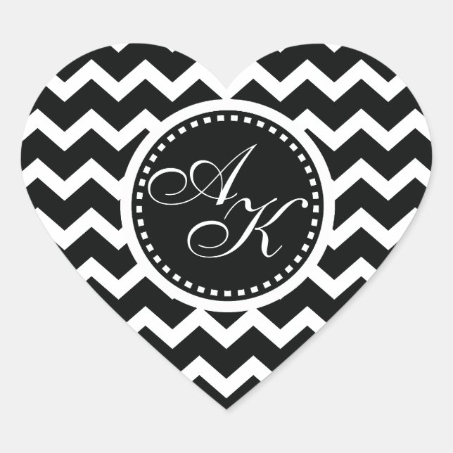 Black and White Chevron Zig Zag Retro Elegance Heart Sticker (Front)