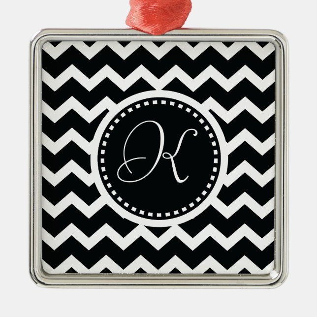 Black and White Chevron Zig Zag Retro Elegance Metal Ornament (Front)