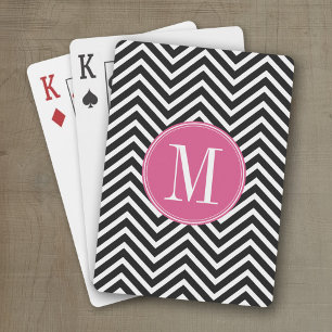 Black and White Chevrons Custom Pink Monogram Playing Cards