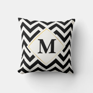 Black and White Chevrons Monogram Throw Pillow