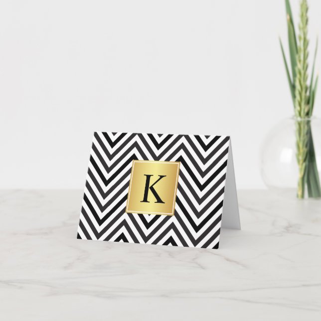 Black and White Chevrons Pattern with Monogram Thank You Card (Front)