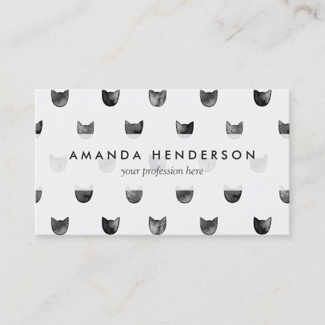 Black and White Chic Cute Cat Pattern Business Card (Front)