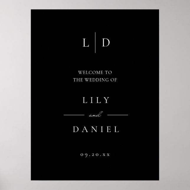 Black and White Chic Monogram Wedding Welcome Sign (Front)