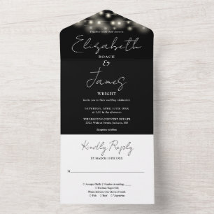 Black And White Chic Script String Lights Wedding All In One Invitation