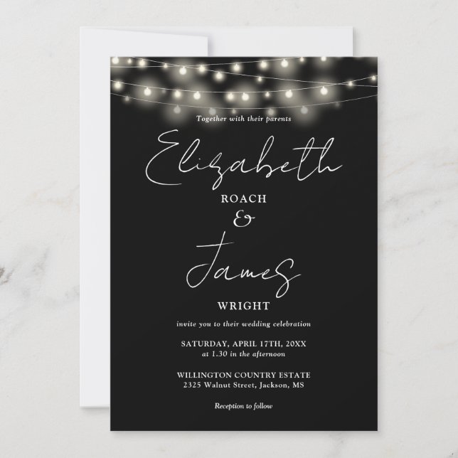 Black And White Chic String Lights QR Code Wedding Invitation (Front)