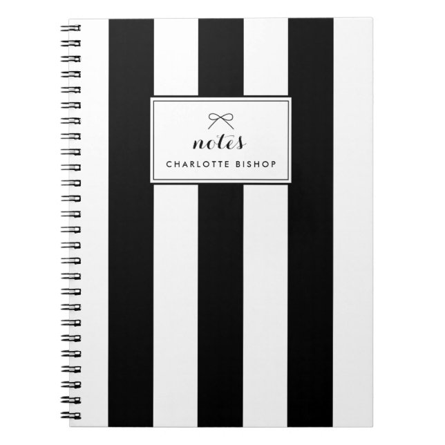 Black and White Chic Vertical Stripes Personalized Notebook (Front)