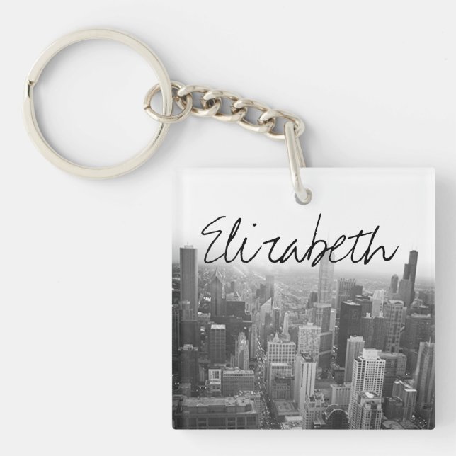Black and White Chicago Skyline with a Name Keychain (Front)