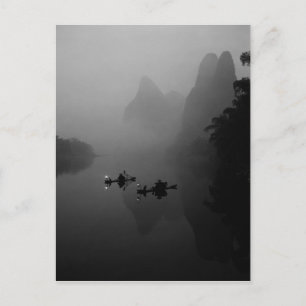 Black and white, China, Li River, Fisherman on Postcard