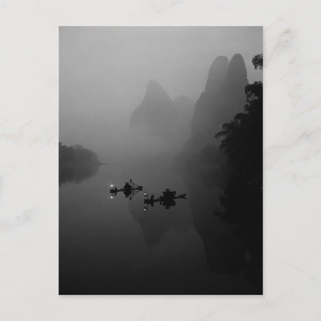 Black and white, China, Li River, Fisherman on Postcard (Front)