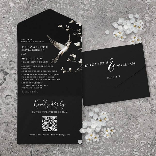 Black And White Chinoiserie Floral QR Code Wedding All In One Invitation (Black And White Chinoiserie Floral QR Code Wedding All In One Invitation)