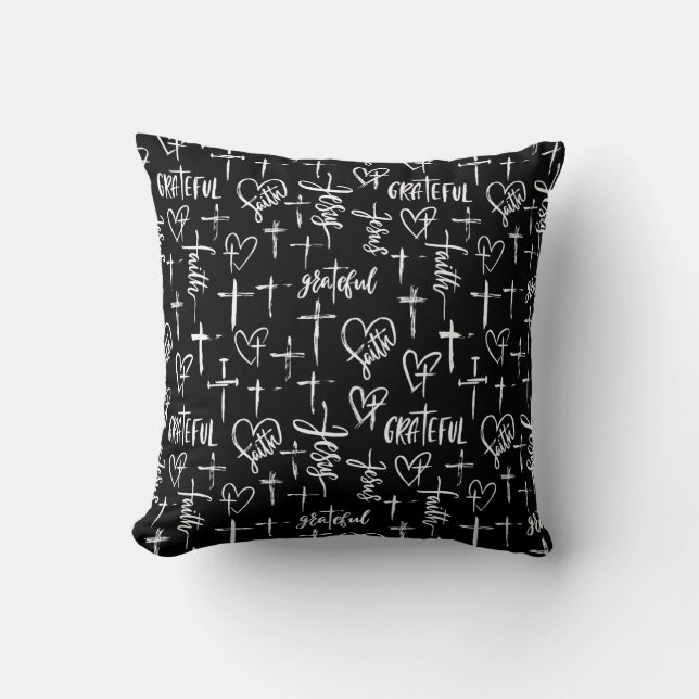 Black and White Christian Pattern Throw Pillow (Front)