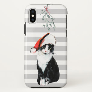 Black and white Christmas Cat wearing santa hat iPhone X Case