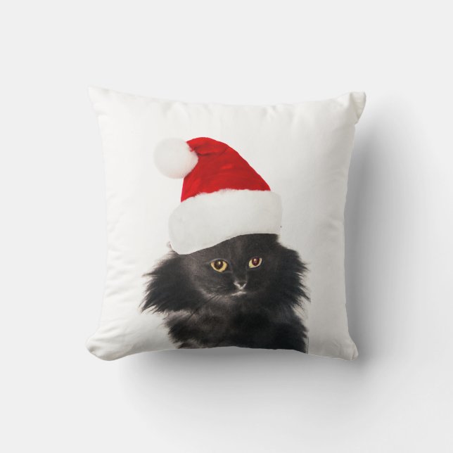 BLACK AND WHITE CHRISTMAS CAT WITH SANTA CLAUS HAT THROW PILLOW (Front)