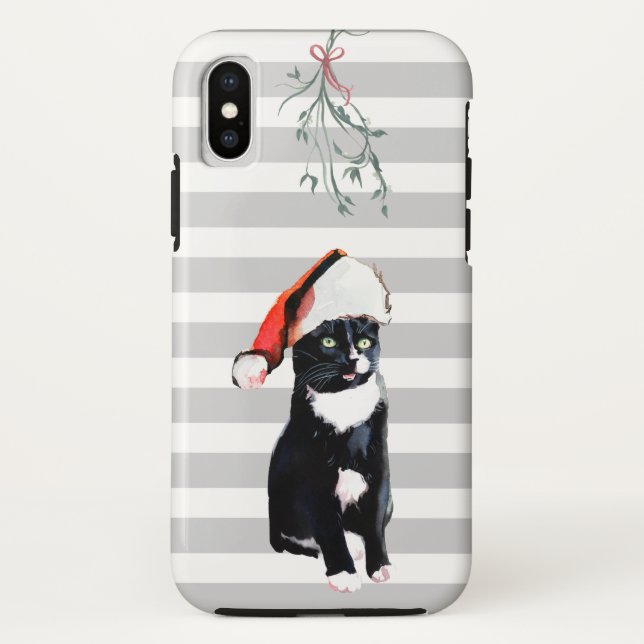 Black and White Christmas Cat with santa hat Case-Mate iPhone Case (Back)