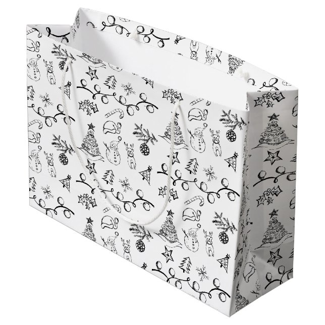 Black and White Christmas Drawings Pattern Large Gift Bag (Back Angled)
