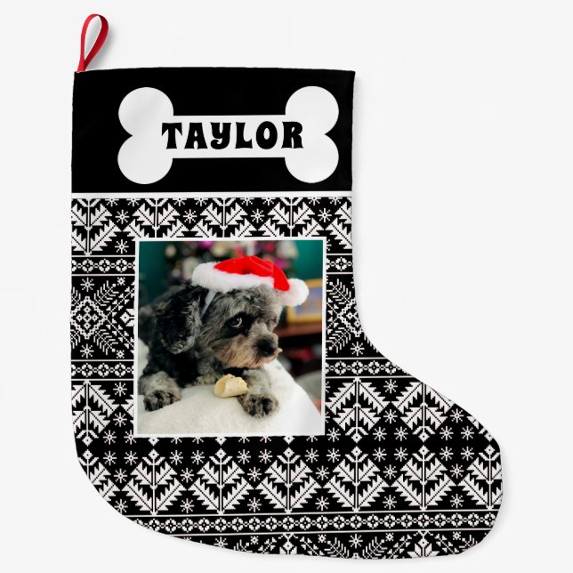Black and White Christmas Fair Isle Dog Bone Large Christmas Stocking (Front)