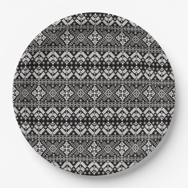 Black and White Christmas Fair Isle Pattern Paper Plate (Front)