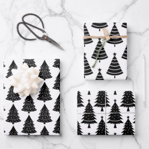 Black and White Christmas Holiday Trees Pattern  Wrapping Paper Sheet