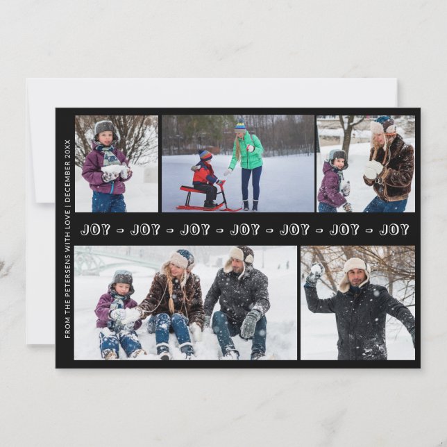 Black and white Christmas JOY 5 photo collage Holiday Card (Front)