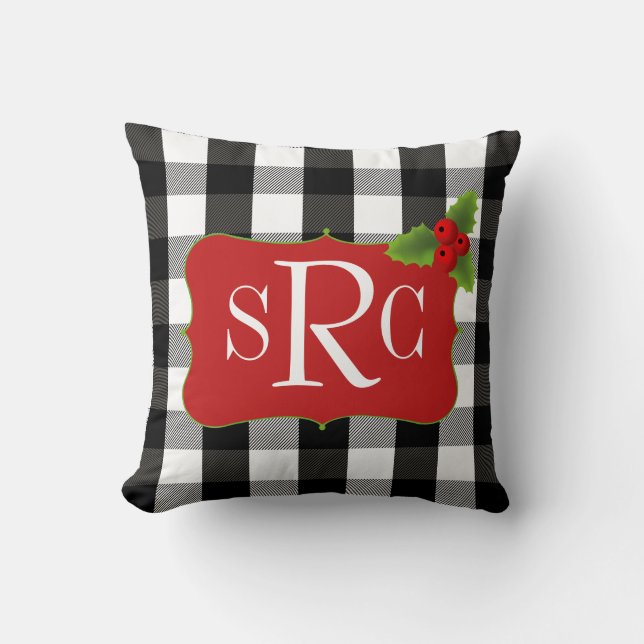 Black and White Christmas Plaid Holly Monogram Throw Pillow (Front)