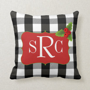 Black and White Christmas Plaid Holly Monogram Throw Pillow