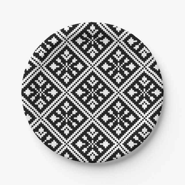 Black and White Christmas Snowflakes Pattern Paper Plate (Front)