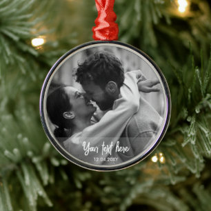 Black and White Christmas Text Template Photo Metal Ornament