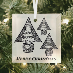 Black and White Christmas Tree Drawing Glass Ornament