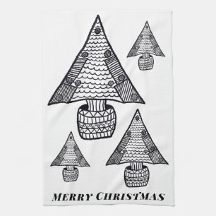 Black and White Christmas Tree Drawing Kitchen Towel