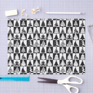Black And White Christmas Tree Holiday Pattern Tissue Paper