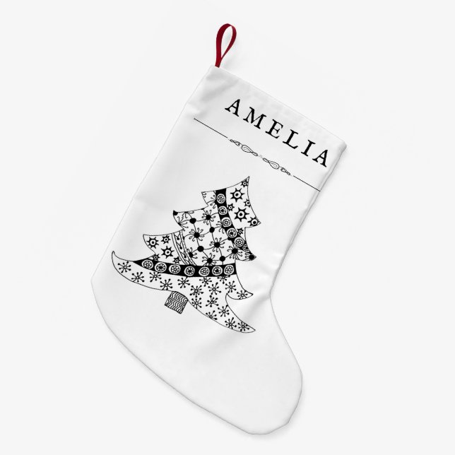 Black and White Christmas Tree Pattern Drawing Small Christmas Stocking (Front (Hanging))