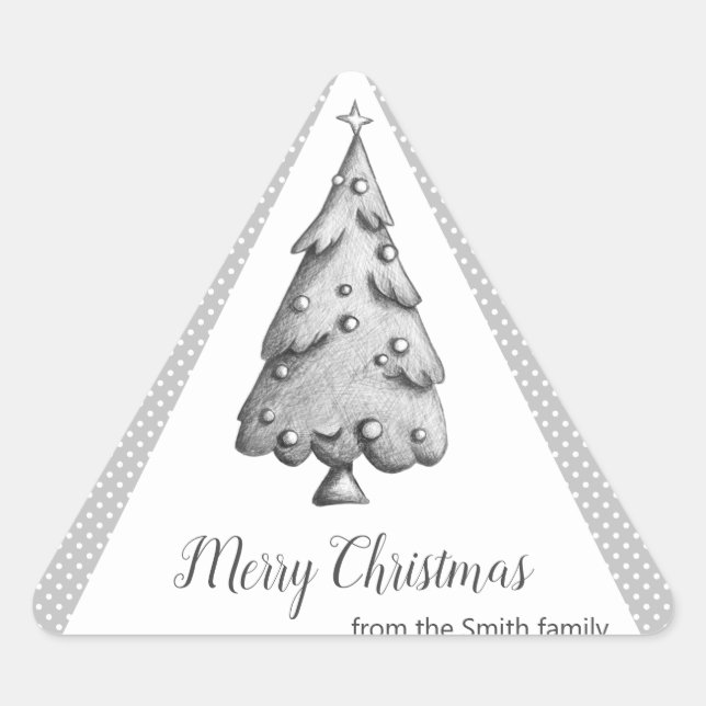 Black and white christmas tree personalized triangle sticker (Front)