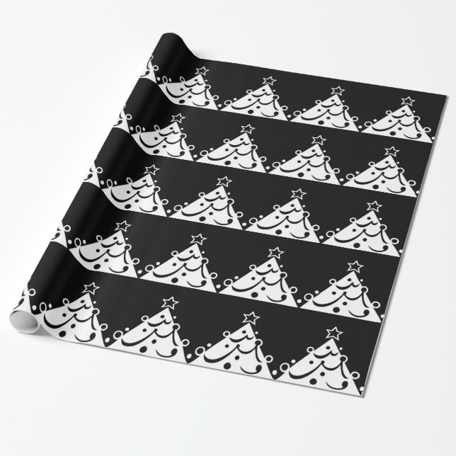 Black and White Christmas Tree Wrapping Paper (Unrolled)