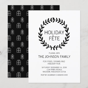 Black and White Christmas Wreath Holiday Party Invitation